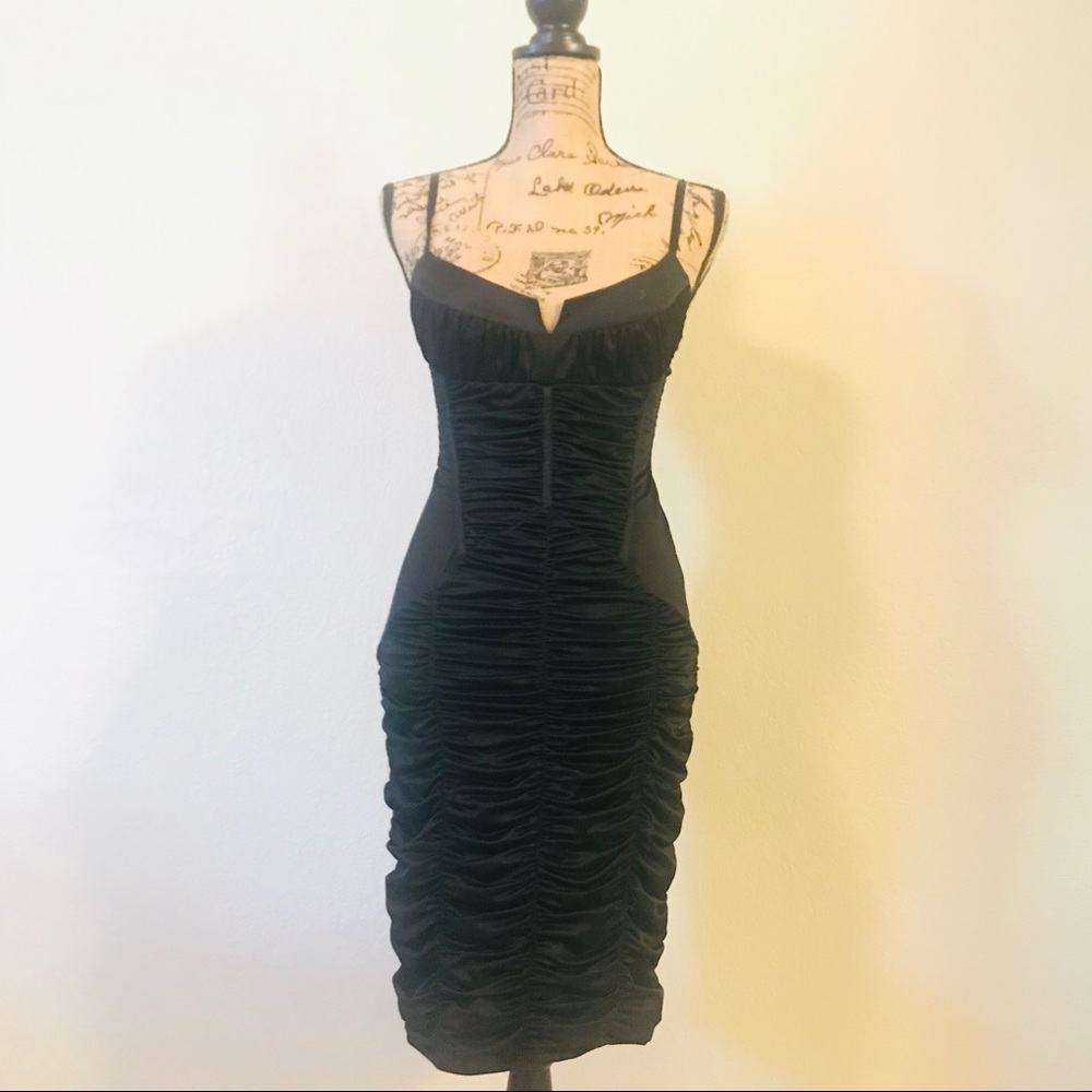 Bebe black ruched corset-style little black dress